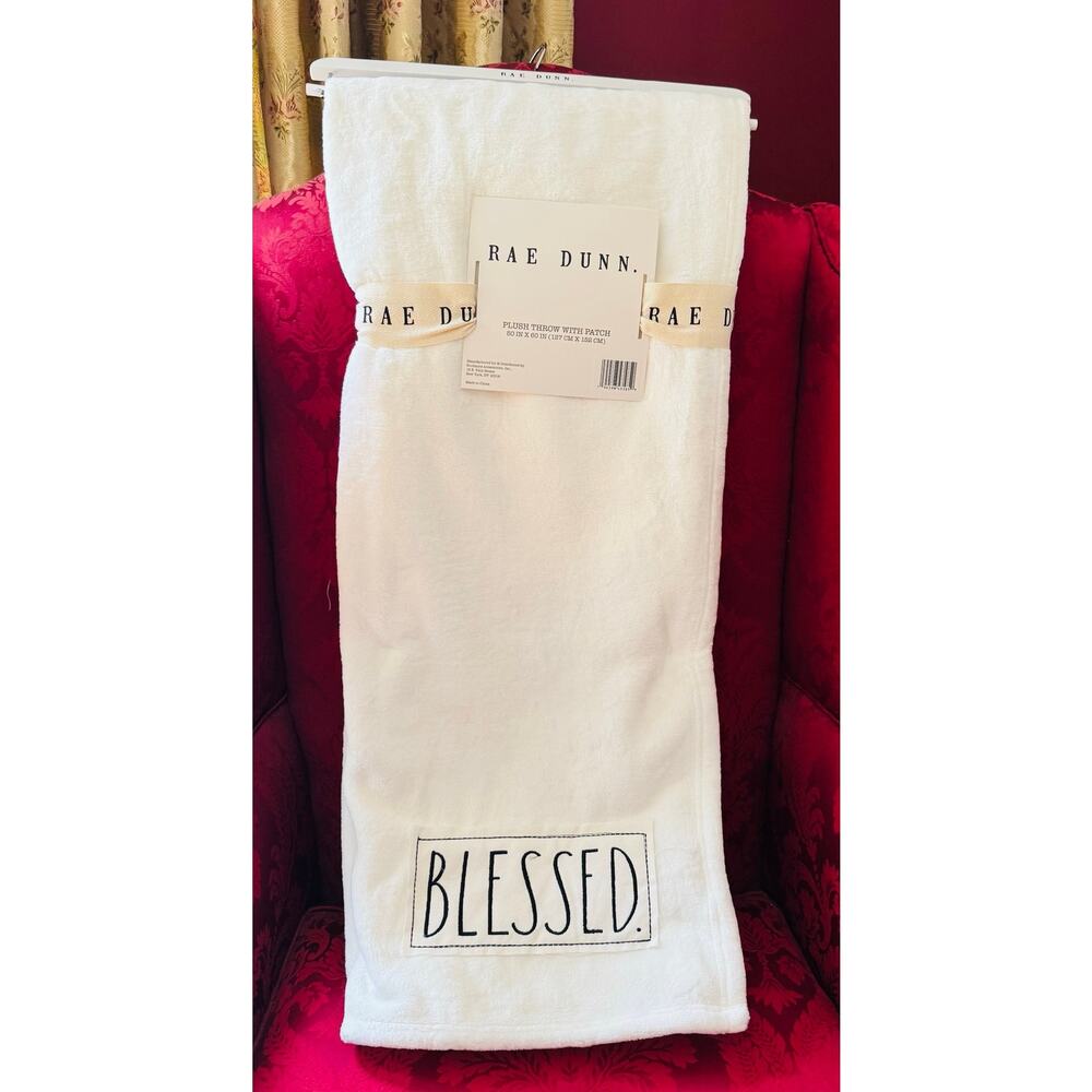 NWT Rae Dunn “Blessed” Embroidered White Cozy Cuddly Throw Blanket - 60" by 50"